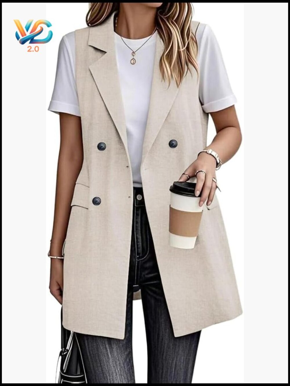 Sleeveless Cotton Linen Long Vest Blazer Jacket Regular Fit Medium